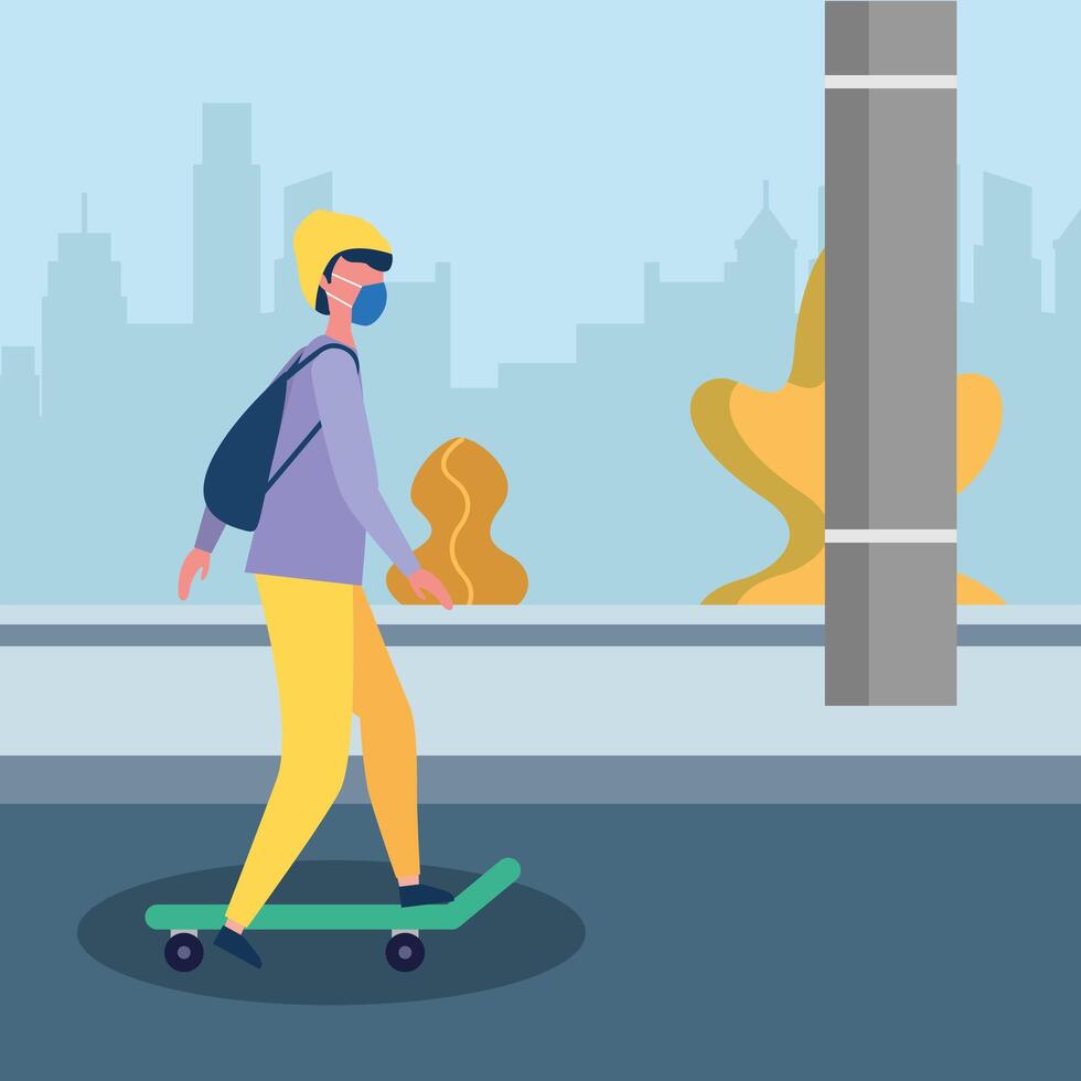 Man with medical mask on skateboard vector design