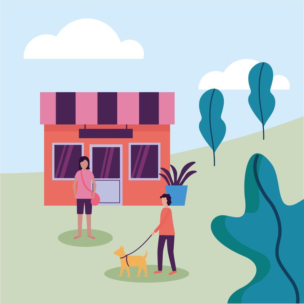 woman and man with dog at park and store vector design