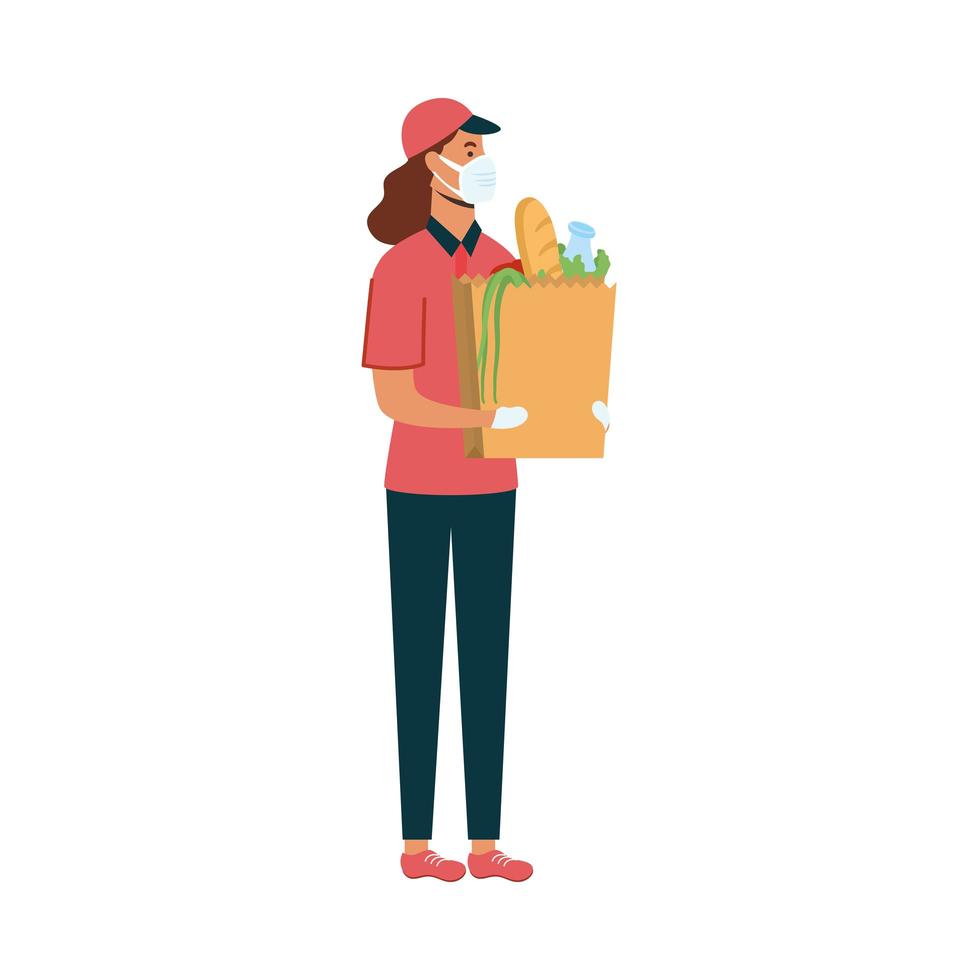 Delivery woman with mask and bag vector design