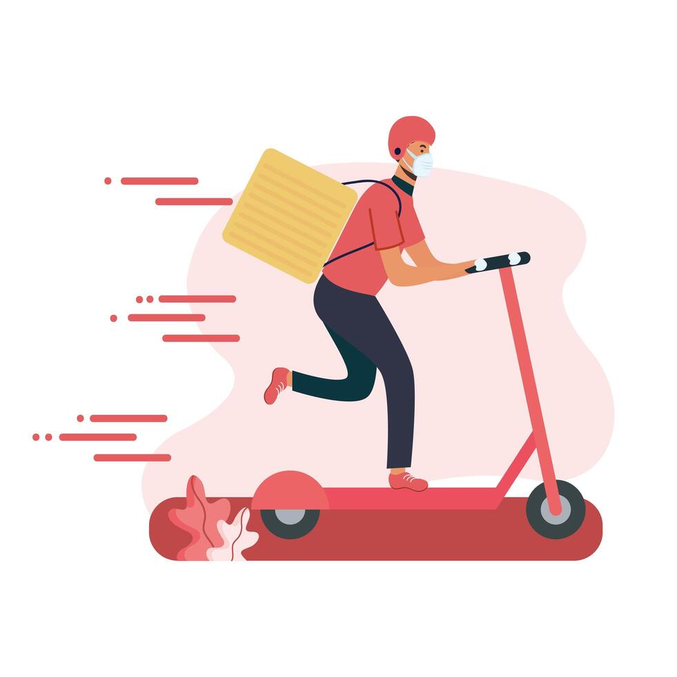 Delivery man with mask scooter and box vector design