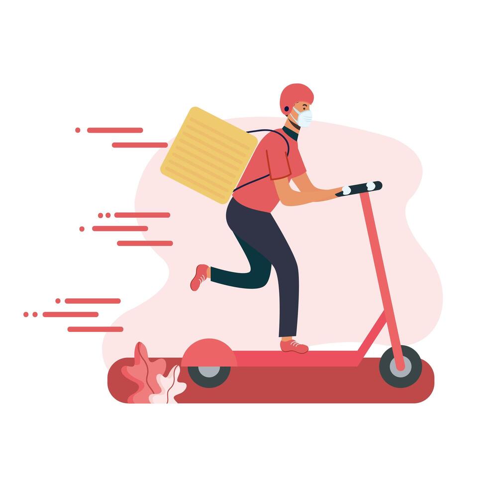 Repartidor con máscara scooter y caja de diseño vectorial vector