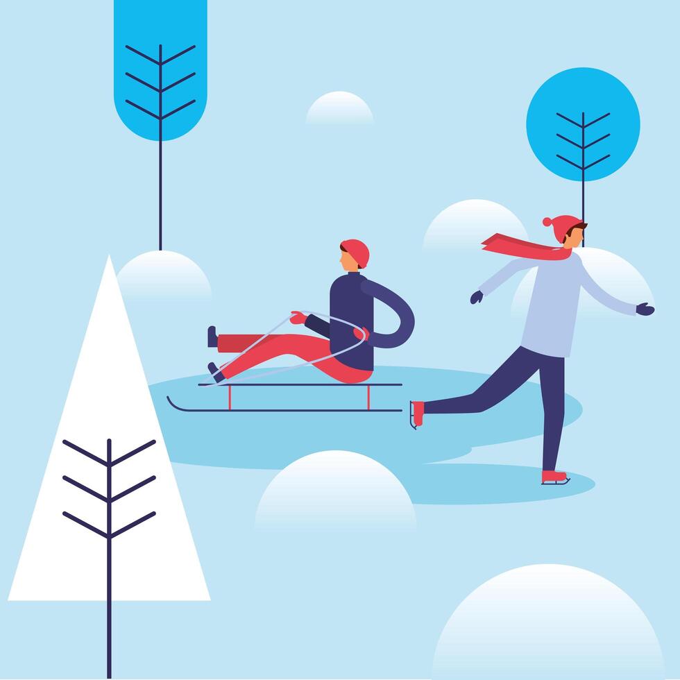 hombres en la nieve con diseño vectorial de trineo vector