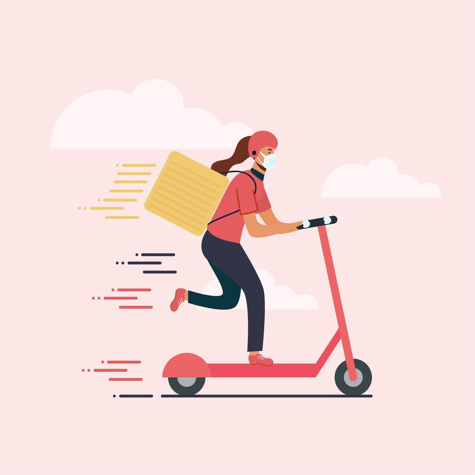 mujer de entrega con máscara scooter y caja de diseño vectorial vector