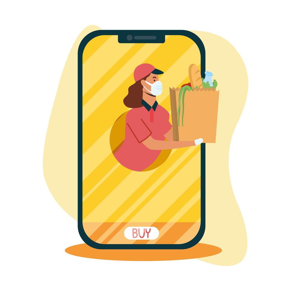 Mujer de entrega con máscara y bolsa en diseño vectorial de teléfono inteligente vector