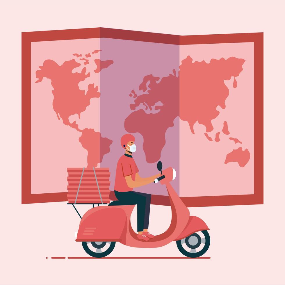 Delivery man with mask motorcycle map and boxes vector design