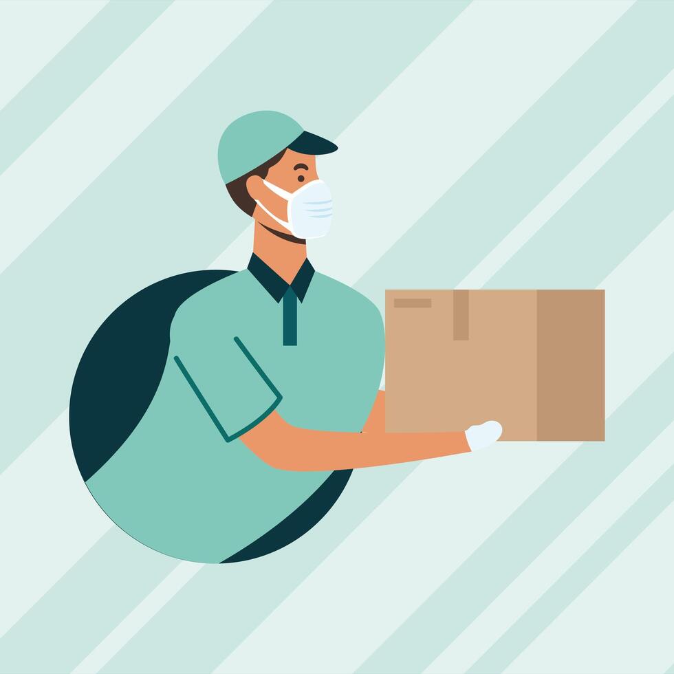 Delivery man with mask and box vector design