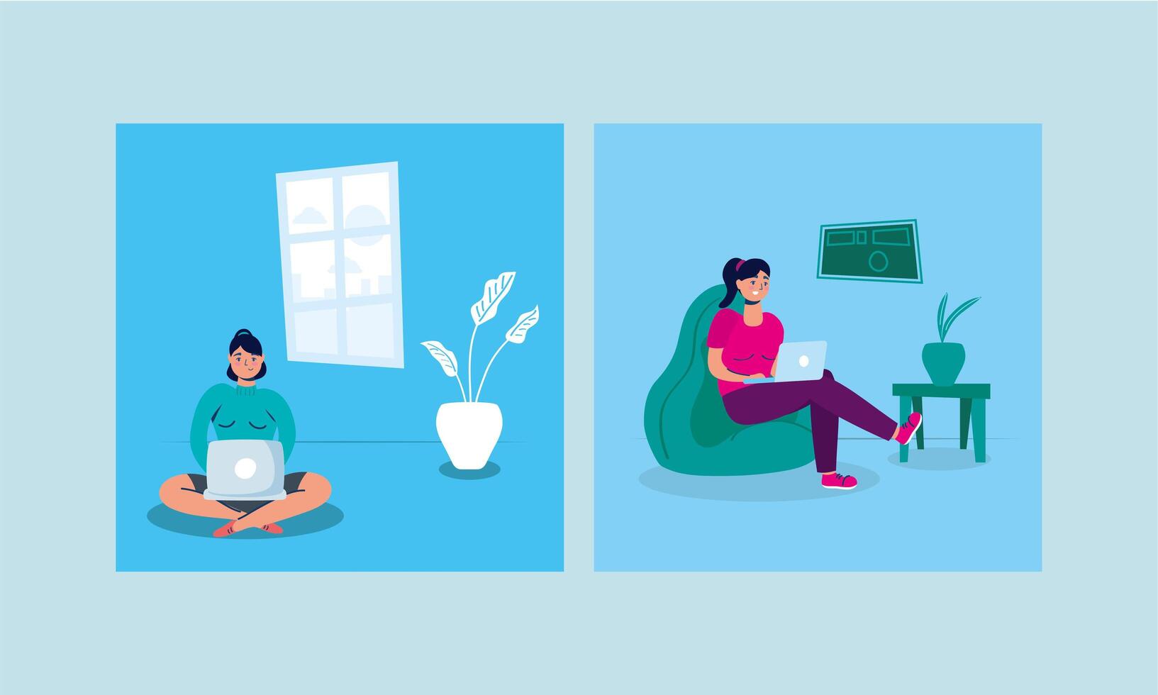 women using laptop in sofa stay at home campaign vector