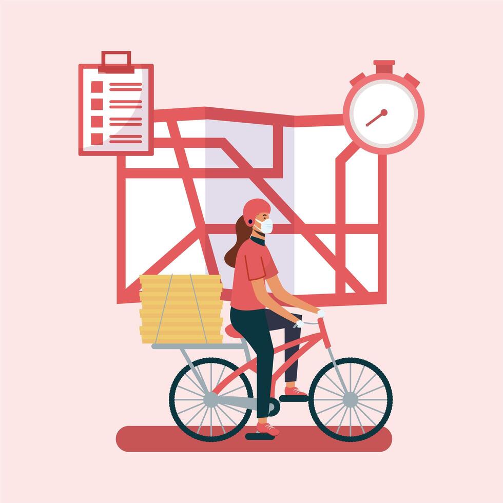 Mujer de entrega con máscara de bicicleta mapa y cajas de diseño vectorial vector