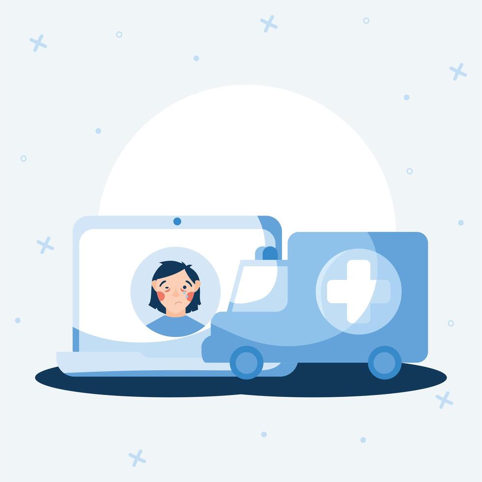 sick woman with cold on laptop and ambulance vector design