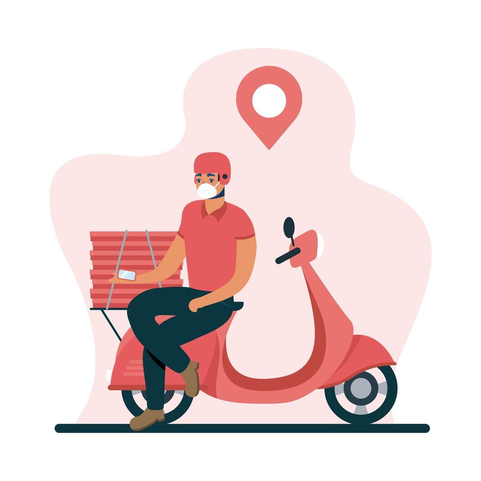 Delivery man with mask motorcycle and boxes vector design