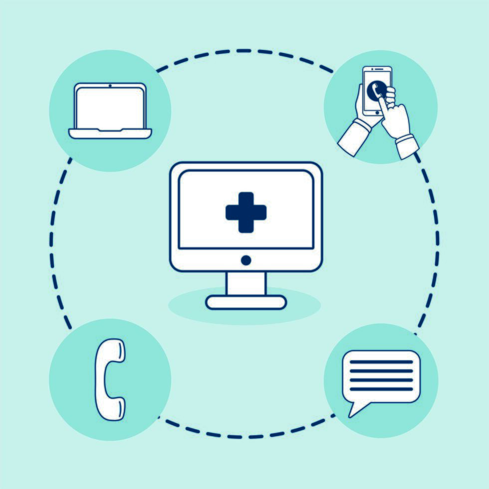 desktop with telemedicine technology and set icons vector