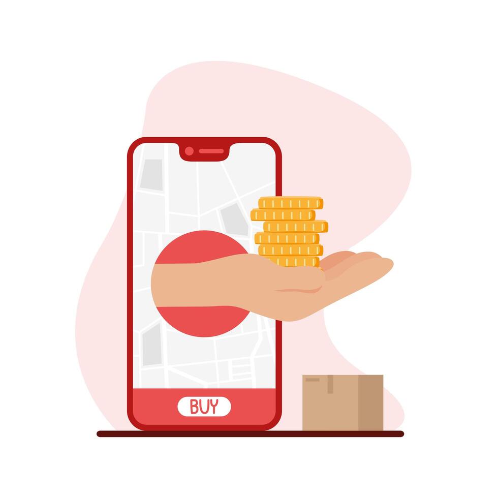 smartphone with delivery map and coins on hand vector design