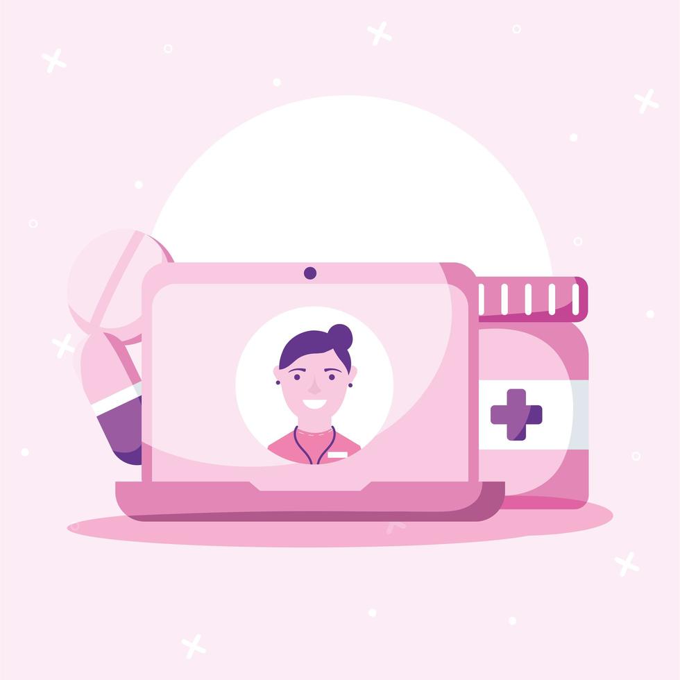 online female doctor on laptop pills and jar vector design