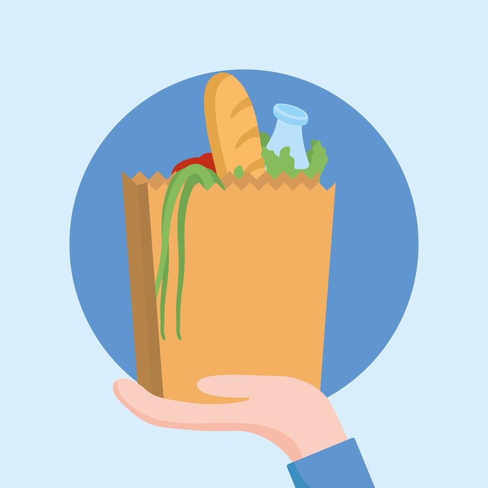 Mano sosteniendo una bolsa con pan de verduras y diseño de vector de botella de leche