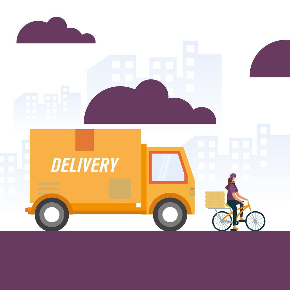 Delivery truck and woman on bike vector design