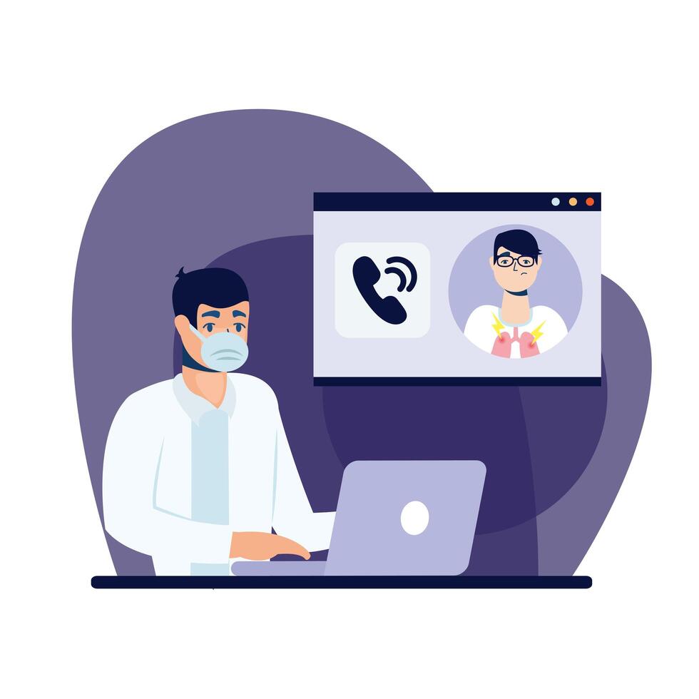 online male doctor with mask and laptop vector design