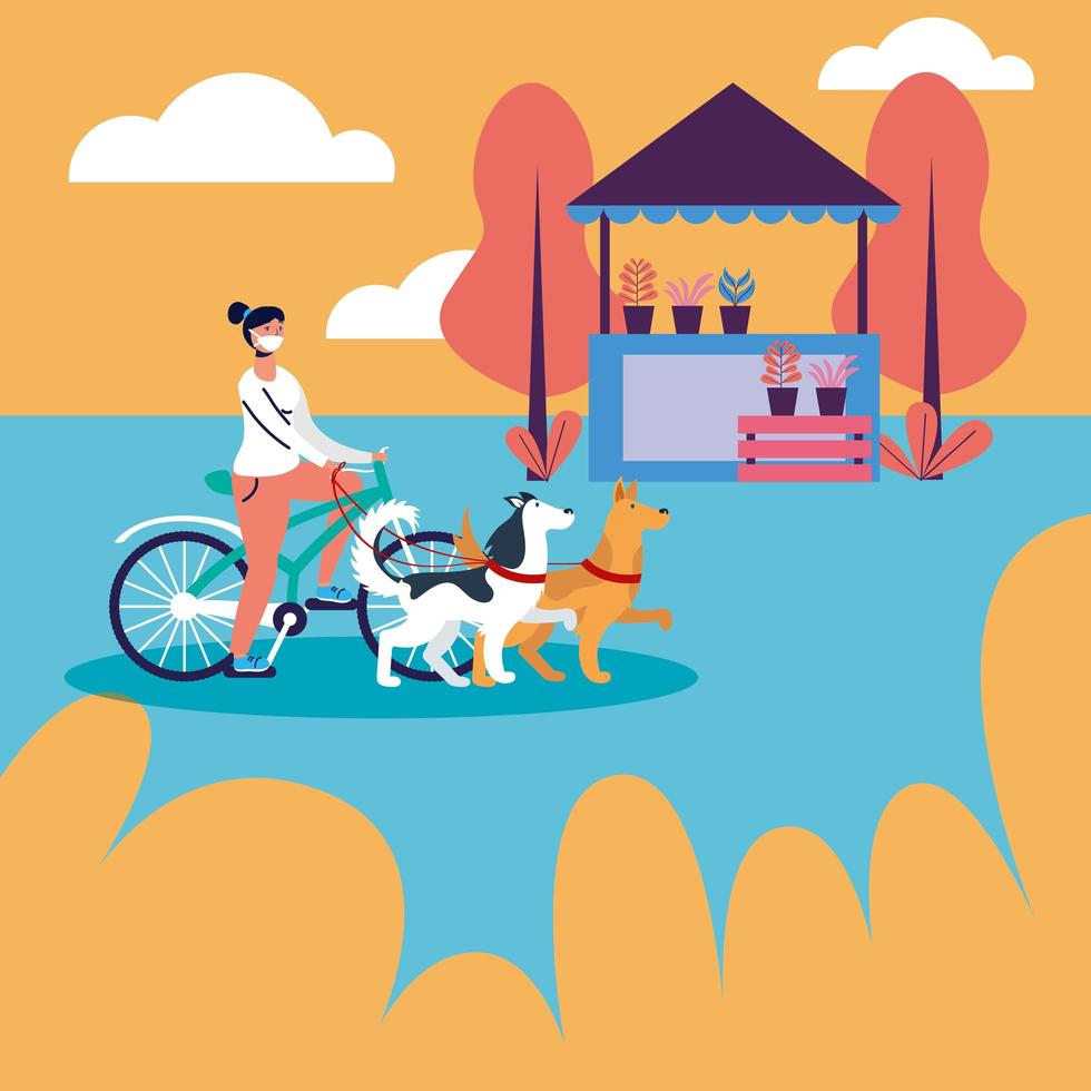 Mujer montando bicicleta con máscara médica y perros en el diseño del vector del parque