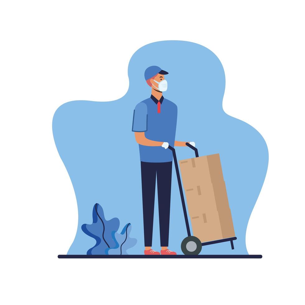 Delivery man with mask and boxes on cart vector design