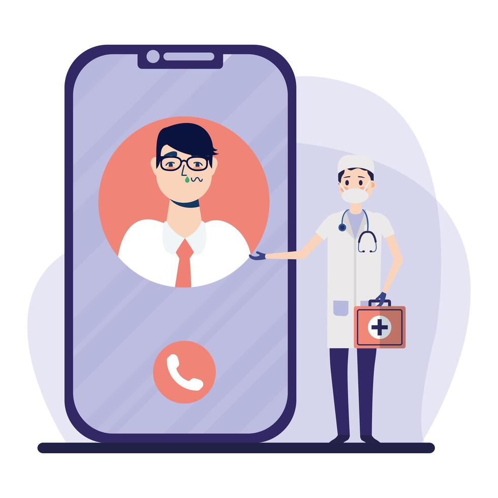 online male doctor with mask and client with cold on smartphone vector design