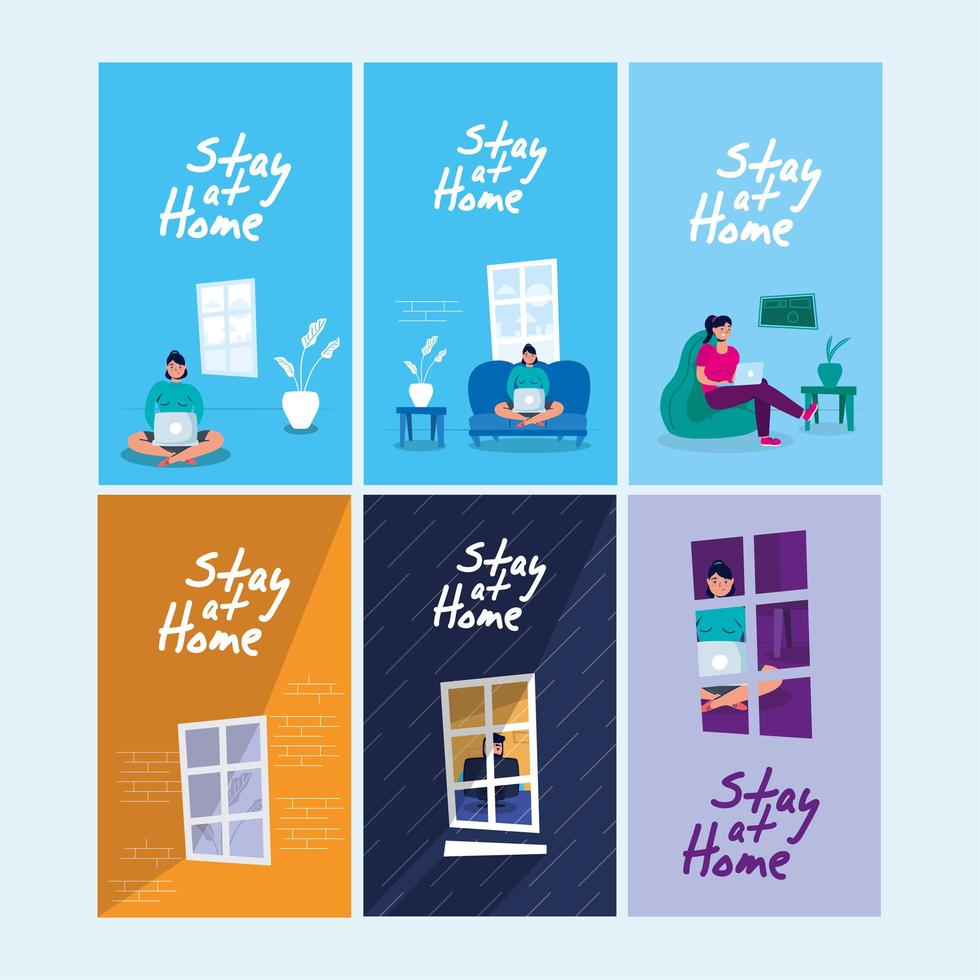 stay at home campaign set scenes vector