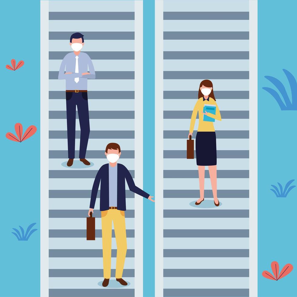 men and woman with masks at park stairs vector design