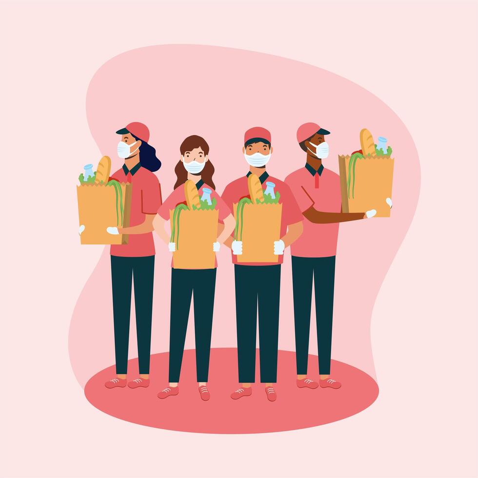 Delivery men and women with masks and bags vector design