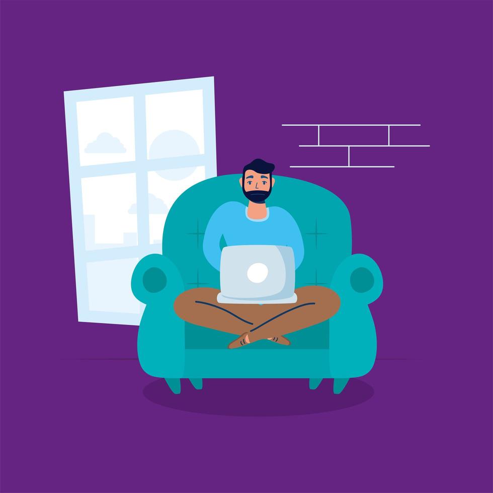 man using laptop in sofa stay at home campaign vector