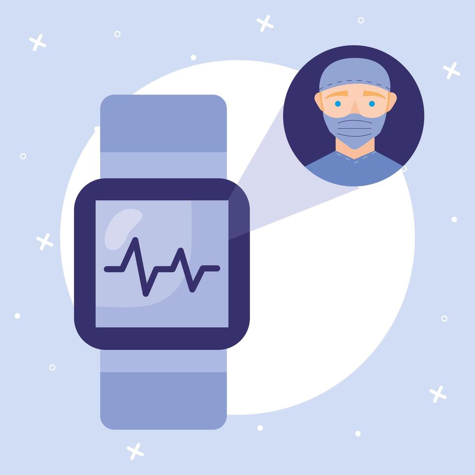 Doctor masculino en línea con máscara y diseño vectorial de reloj inteligente vector