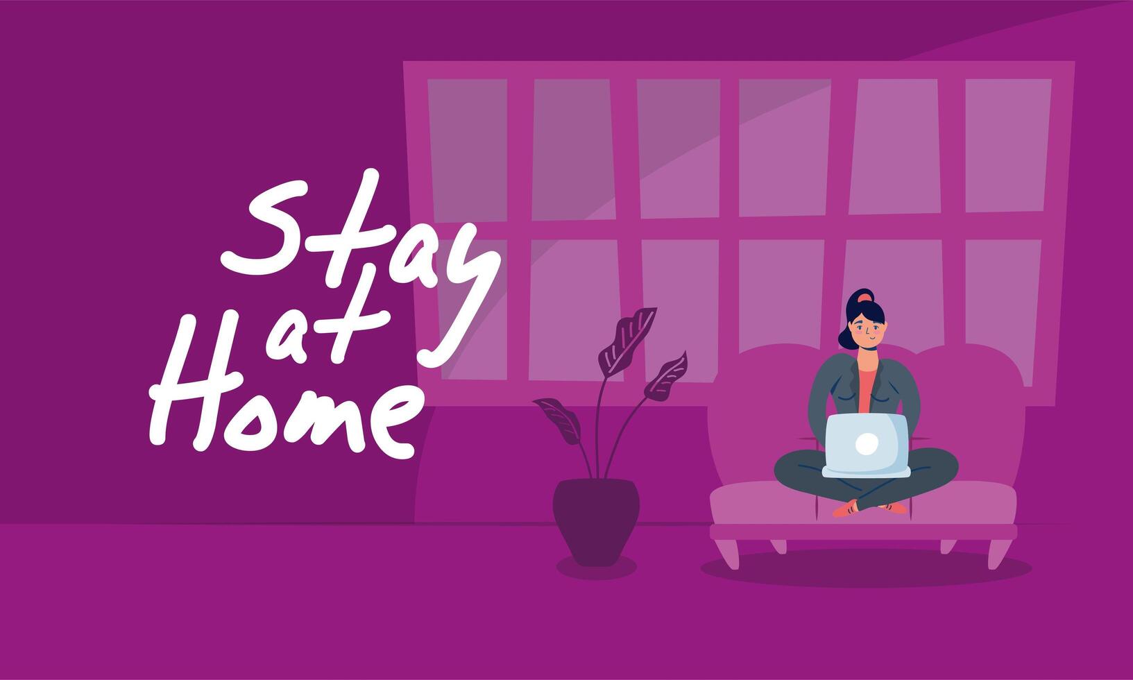 woman using laptop in sofa stay at home campaign vector