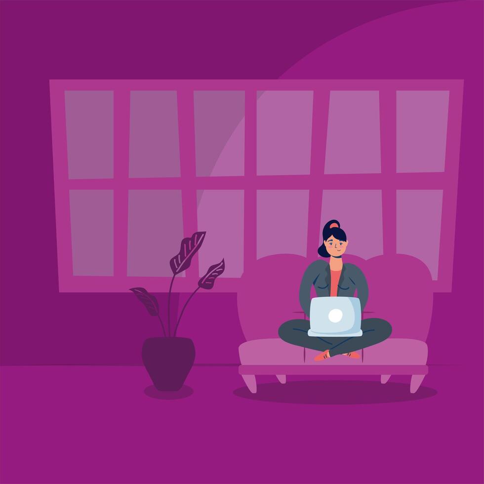 woman using laptop in sofa stay at home campaign vector