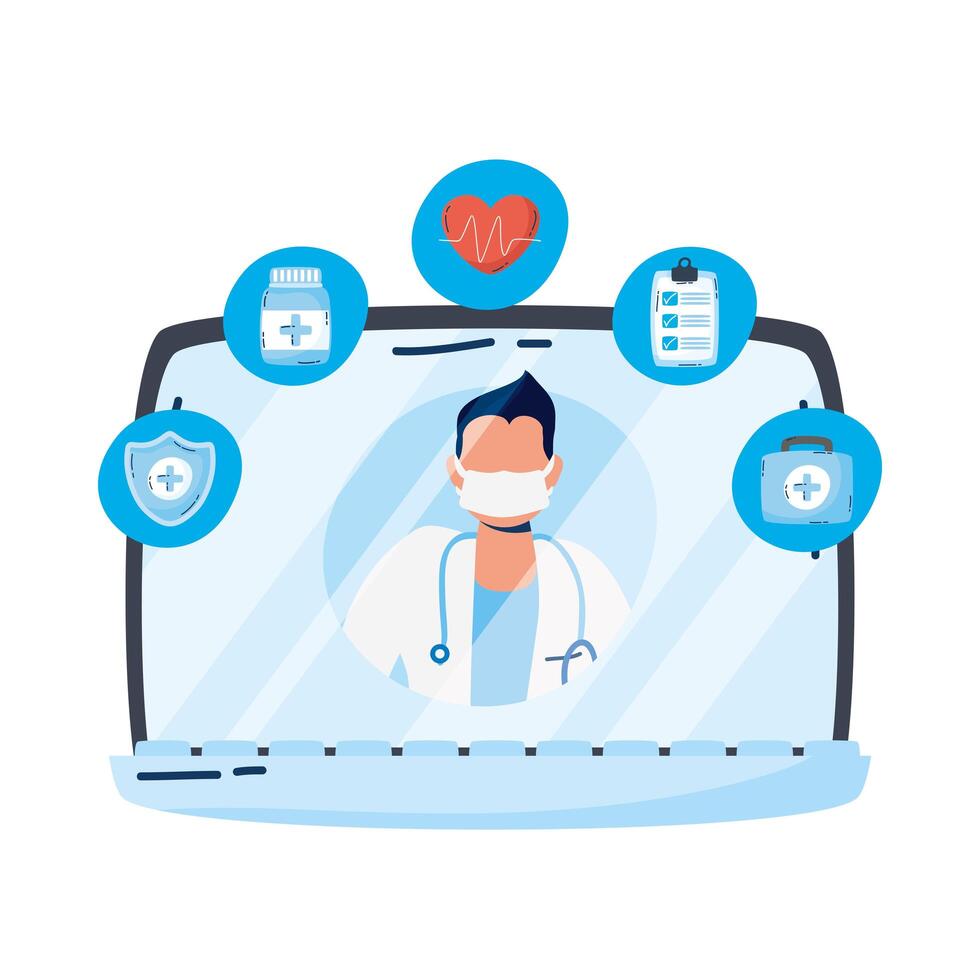 professional doctor with stethoscope in laptop vector