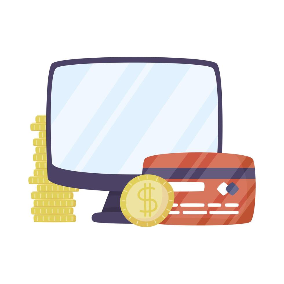 desktop with credit card and coins vector