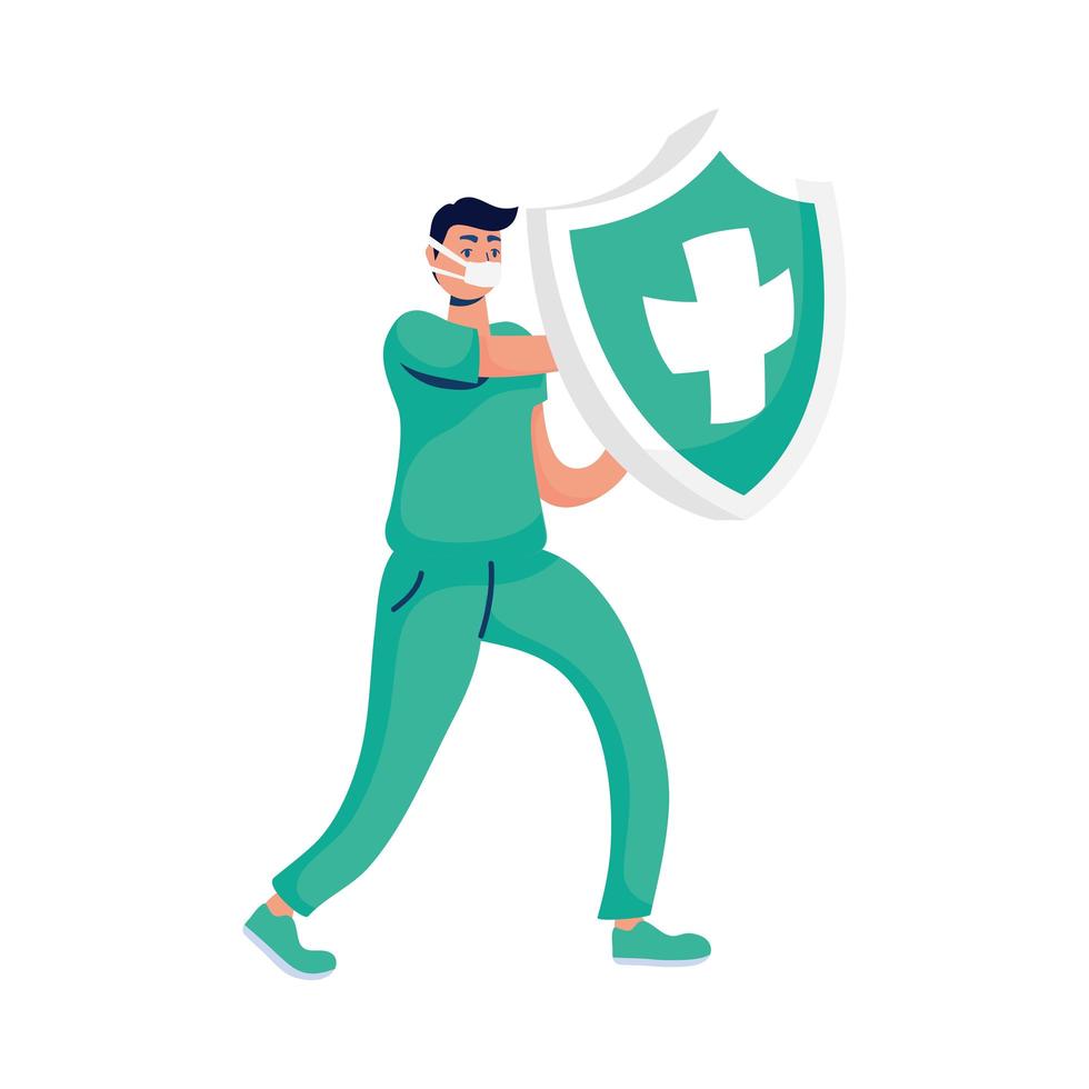 male doctor with shield insurance vector