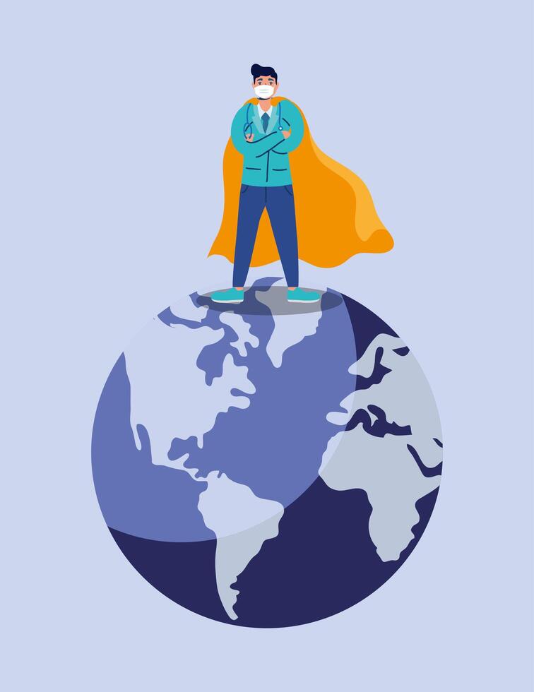doctor hero with face mask in earth planet vector