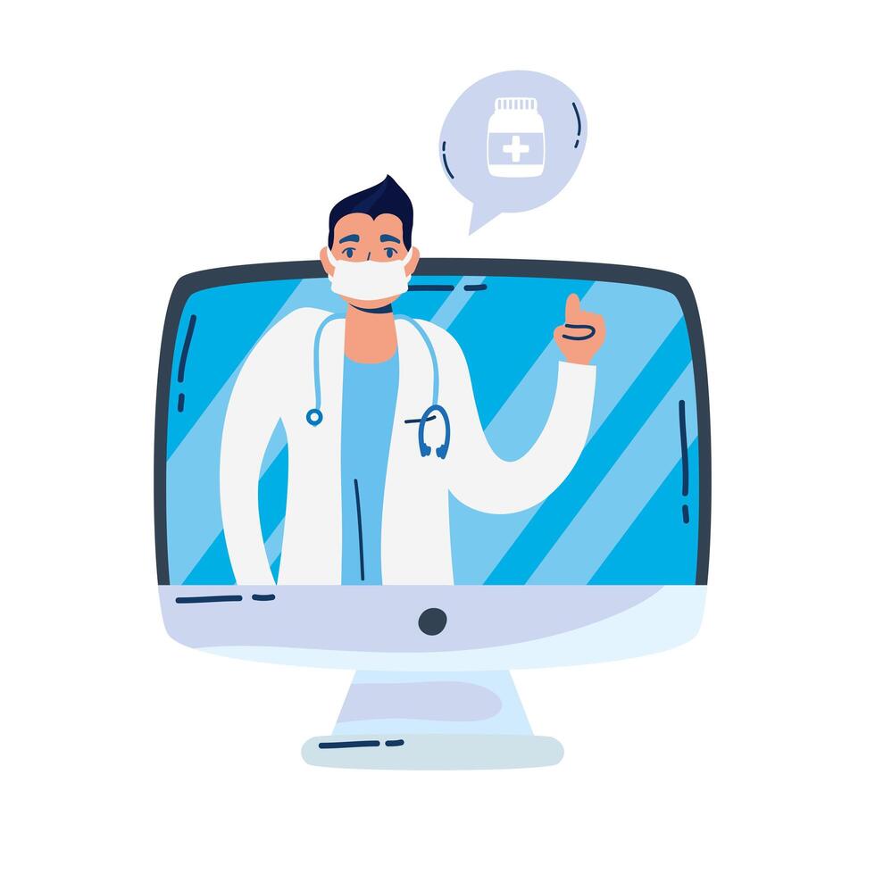 professional doctor with stethoscope in desktop vector