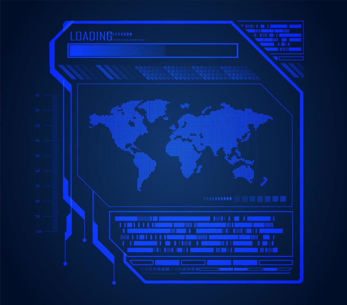 Fondo de holograma azul futuro y tecnología con mapa del mundo vector