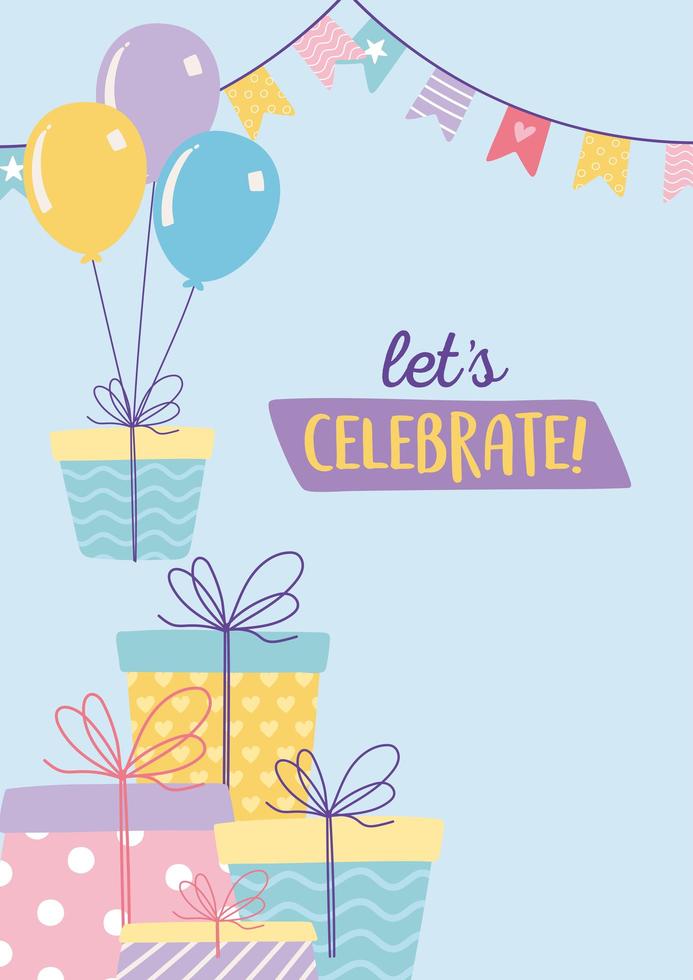 happy birthday, many gifts with balloons and pennants celebration decoration cartoon vector