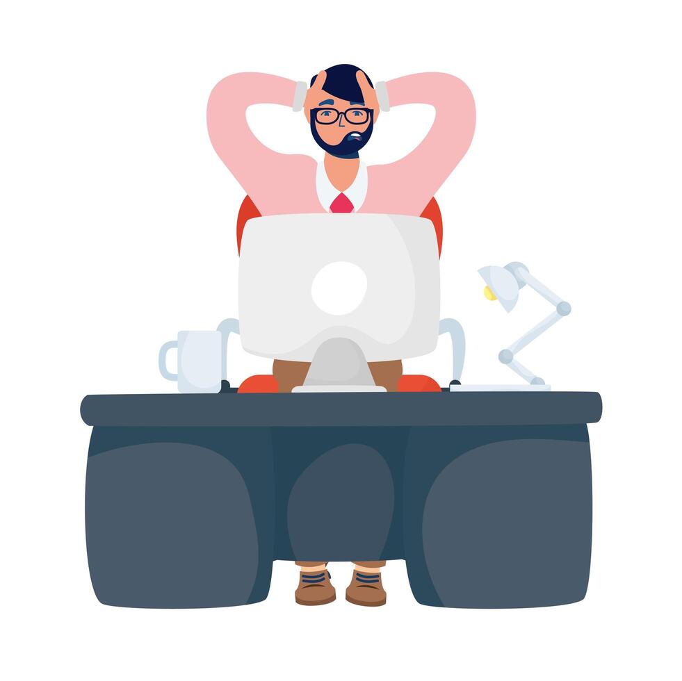 elegant business man stressed working in desktop vector