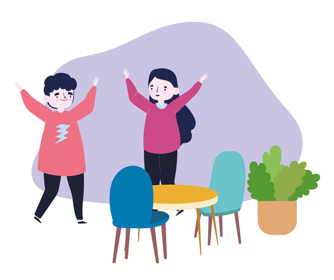 group of people together to celebrate a special event, funny couple with hands up celebrating vector