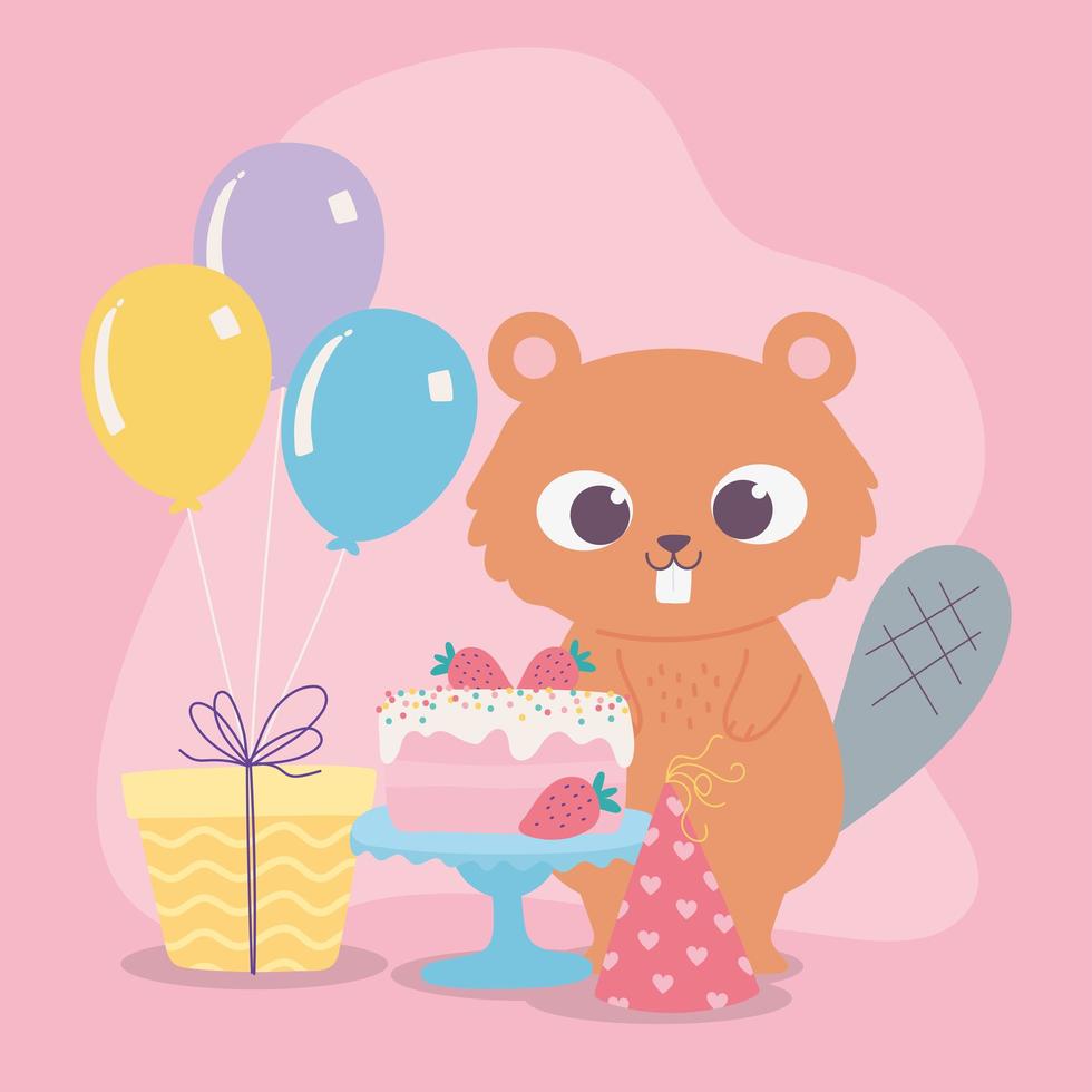 feliz cumpleaños, lindo castor con pastel de regalo sombrero de fiesta y globos celebración decoración dibujos animados vector
