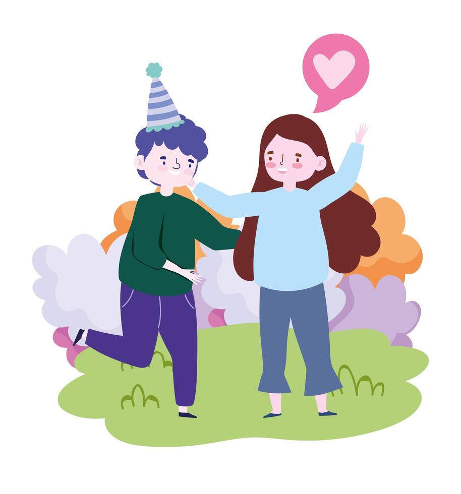 personas juntas para celebrar un evento especial, feliz pareja abrazándose celebrando en el parque vector