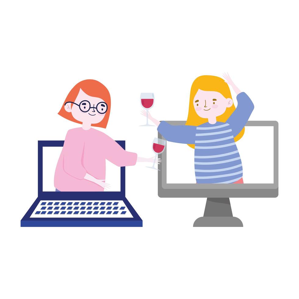 online party, meeting friends, women with wine cups celebrating on computer connection vector