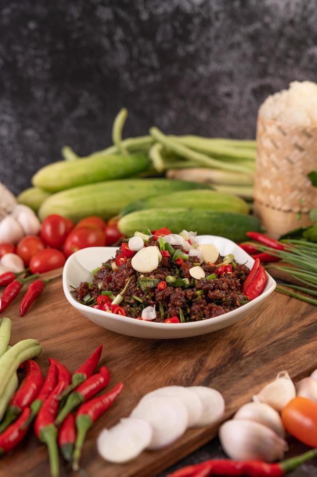 Spicy minced meat plate photo