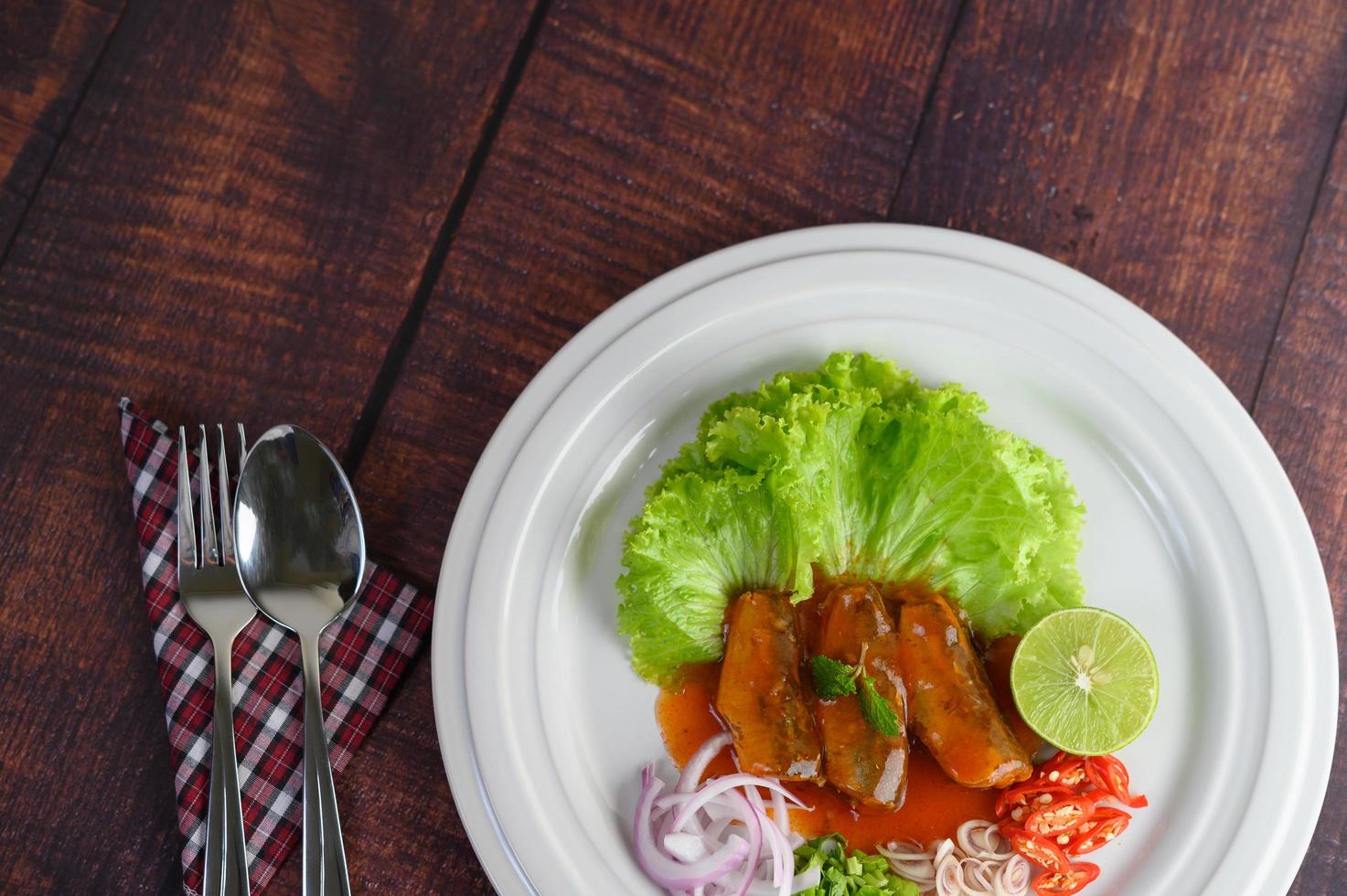 Top angle view of spicy sardine salad photo