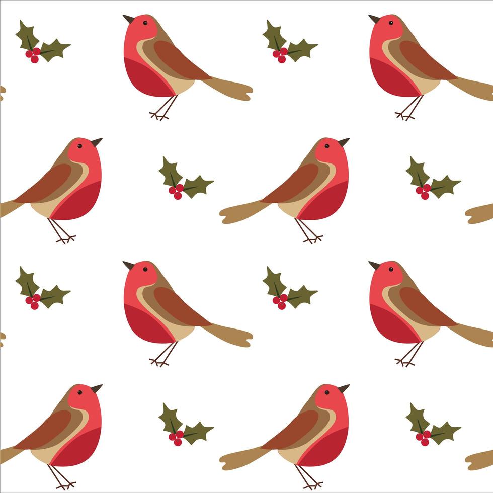 Seamless Christmas pattern with Robin bird, berries and leaves on white background. vector