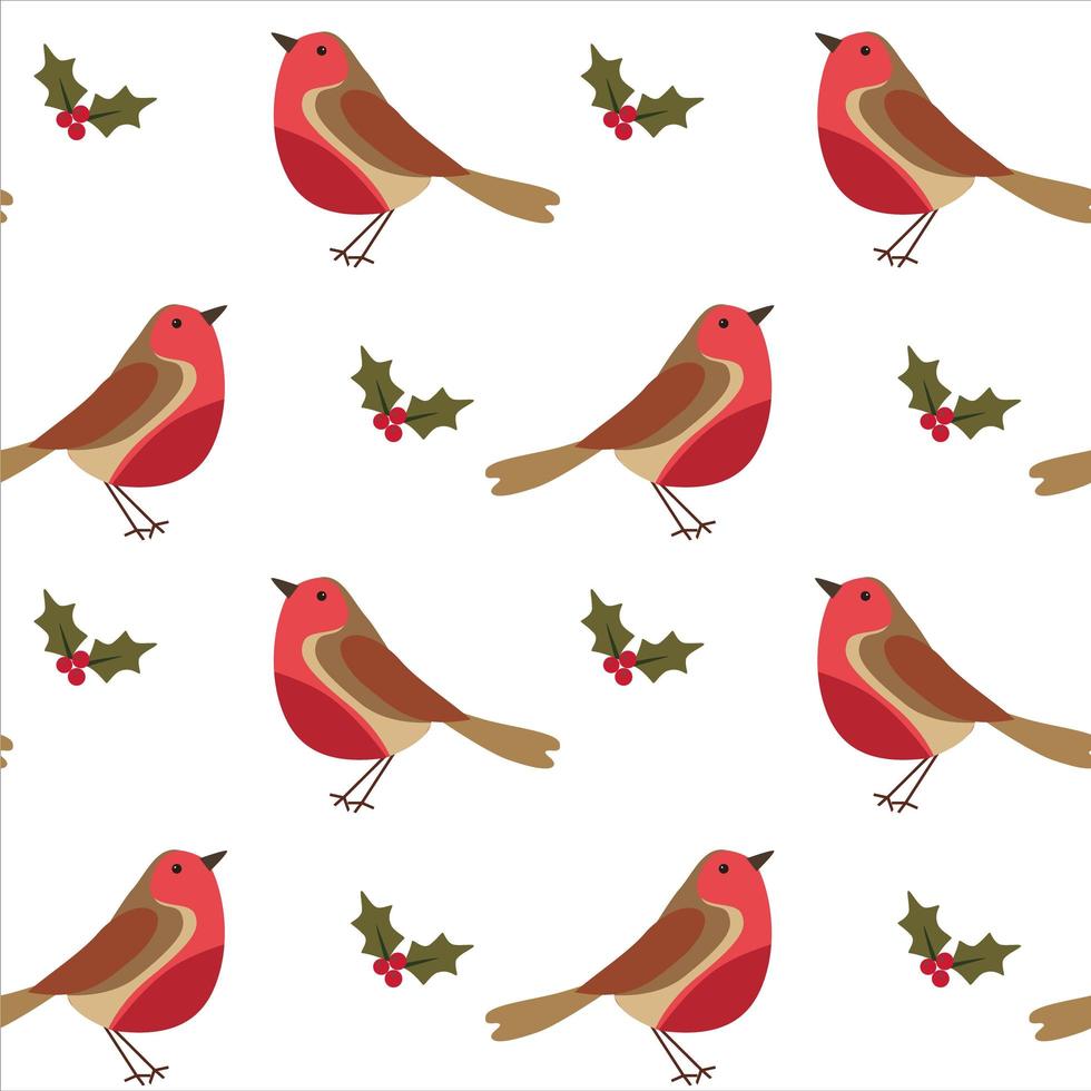 Seamless Christmas pattern with Robin bird, berries and leaves on white background. vector