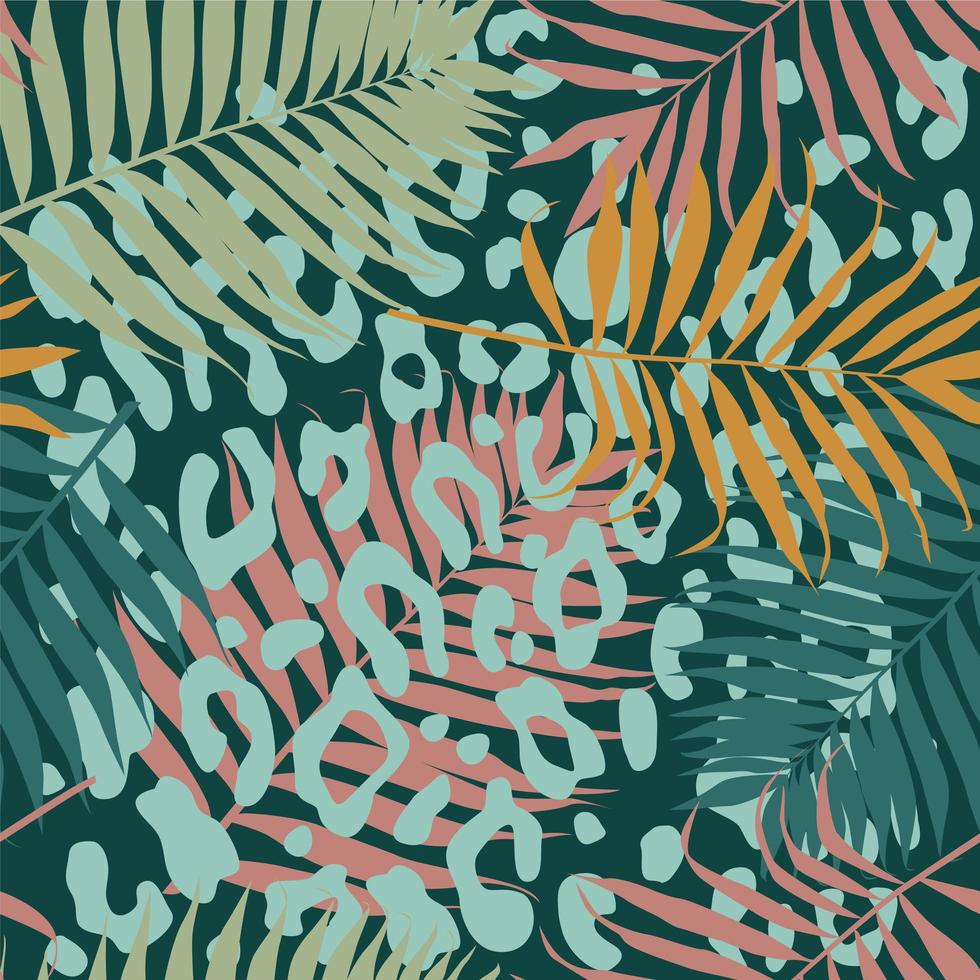 Tropical flowers and leaves on leopard background. Seamless. vector