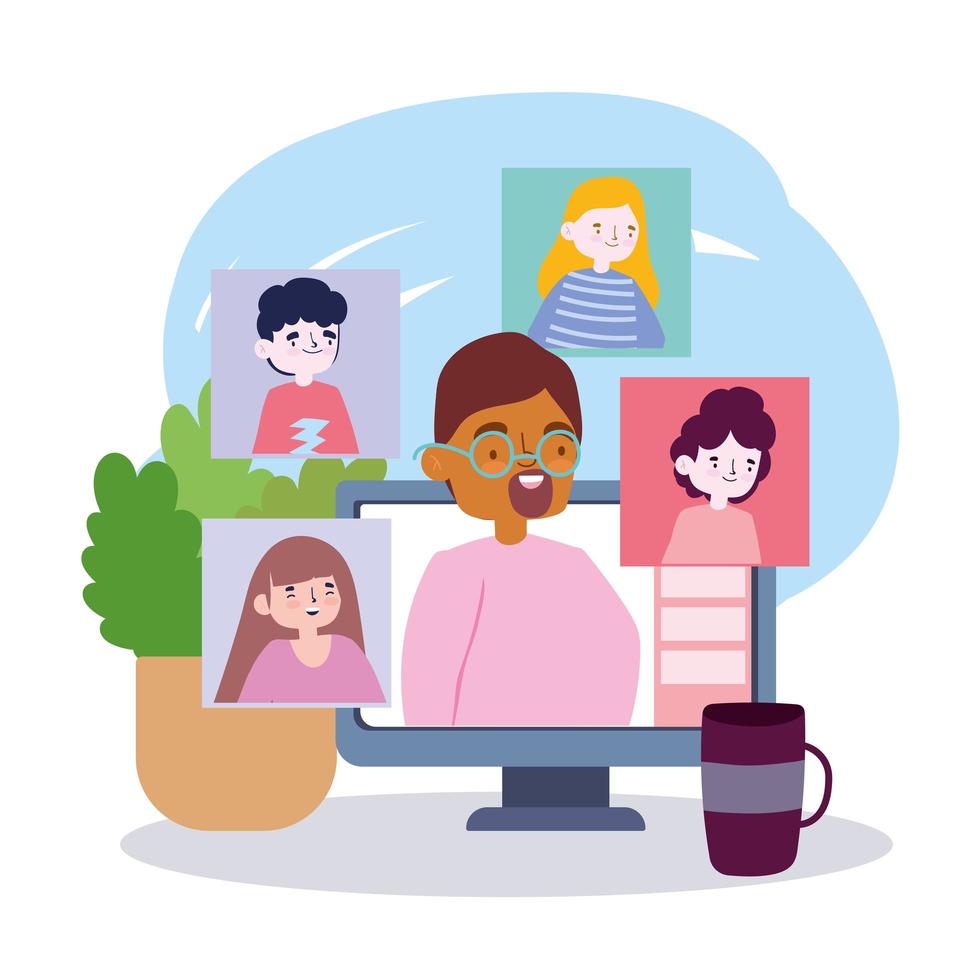 online party, meeting friends, people are talking through a laptop at home vector