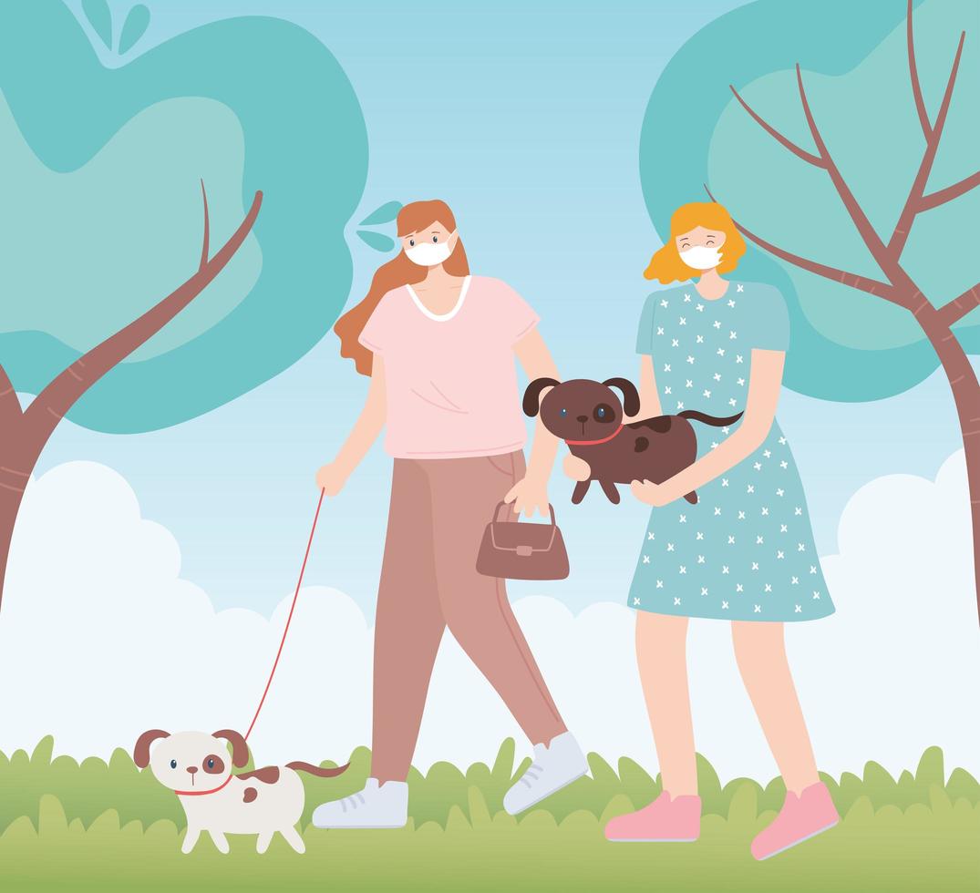people with medical face mask, women walking with pets dog, city activity during coronavirus vector