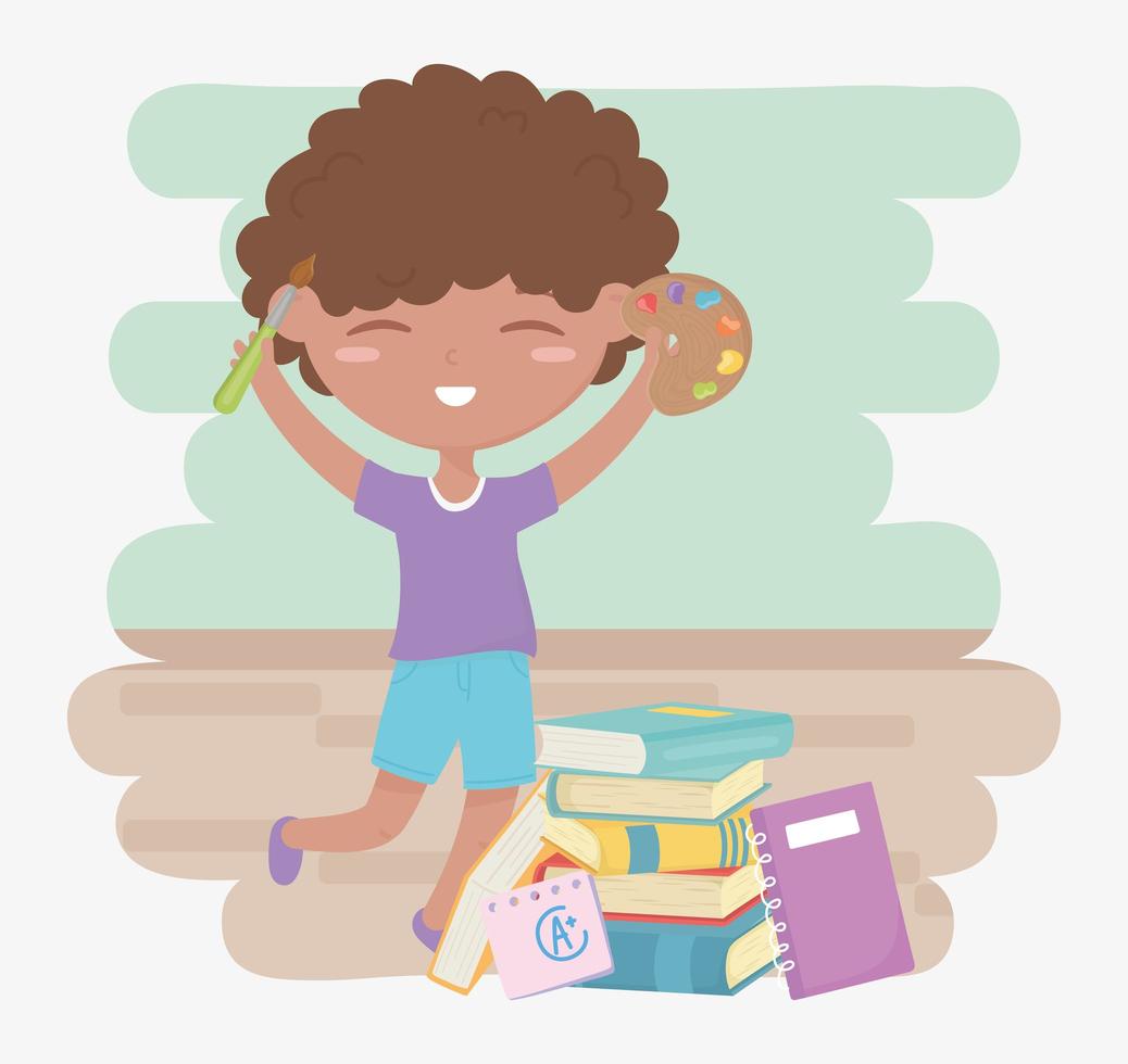 back to school, student boy with palette color brush and books education cartoon vector